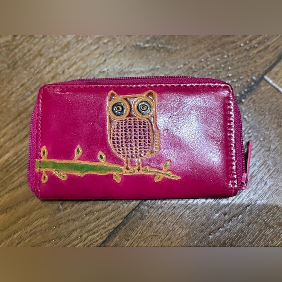 Leather Fuchsia Owl Wallet Handmade - Picture 2 of 3